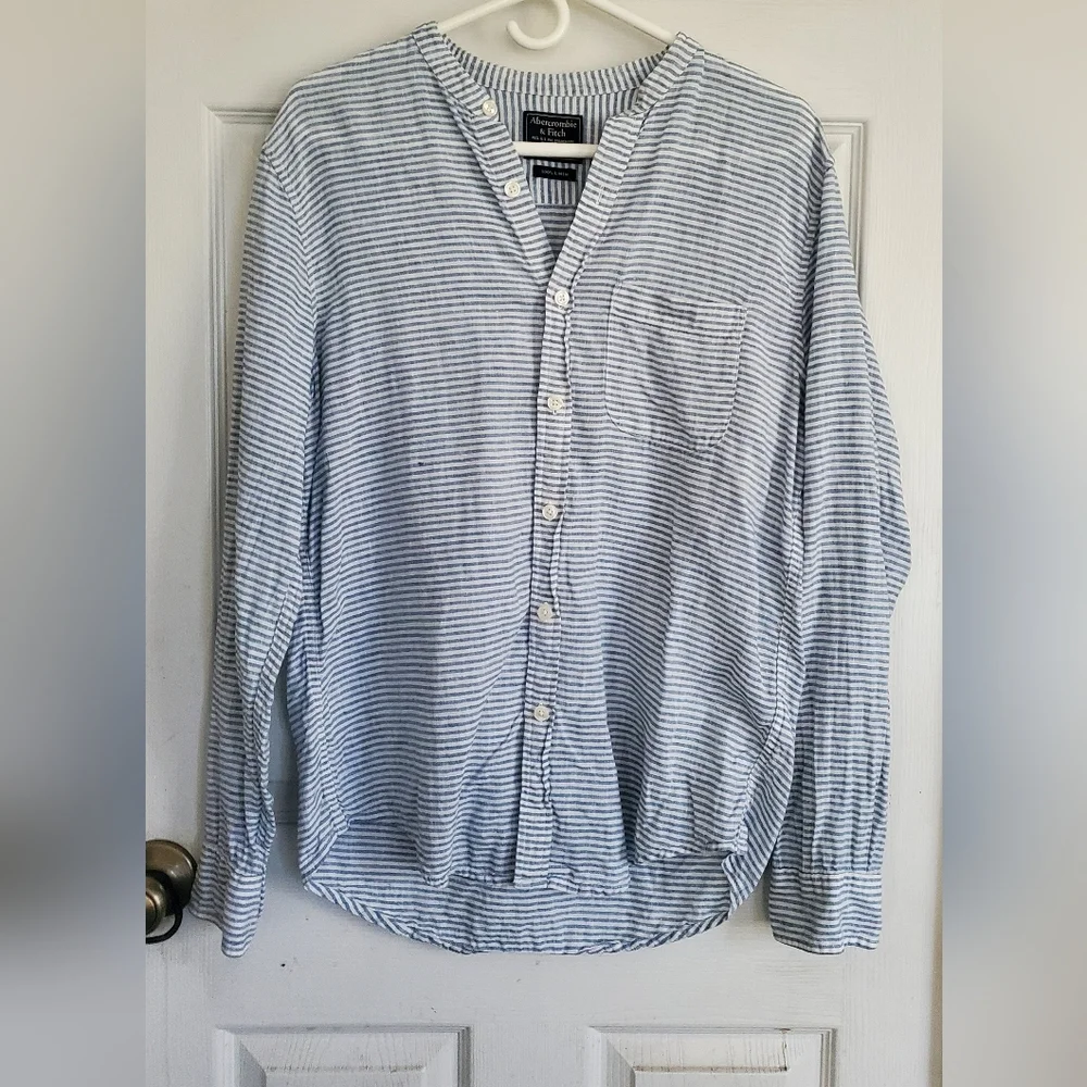 Abercrombie & Fitch 100% Linen Men's Light Blue Striped Button Down Shirt, SZ M